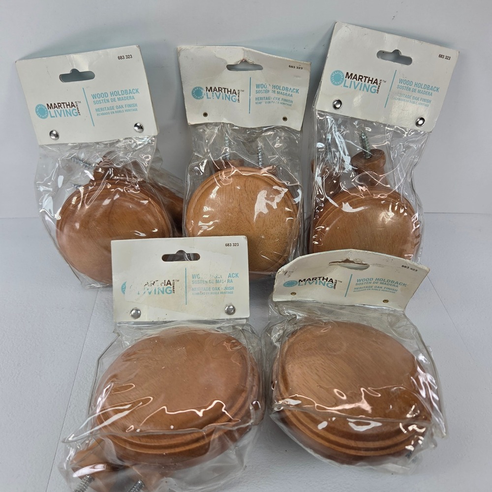 Lot of 5 Martha Stewart Living Heritage Oak Wood Curtain Holdbacks Round 683 323
